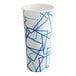 A white paper cold cup with blue geometric lines.