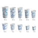 A row of Choice white poly paper cold cups with blue lines on one cup.