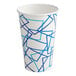 A white paper cold cup with blue geometric designs.