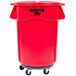 A red Rubbermaid BRUTE 44 gallon plastic bin with wheels.