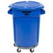 A blue Rubbermaid BRUTE trash can with wheels and a lid.