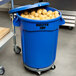 A blue Rubbermaid BRUTE trash can filled with potatoes.