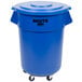 A blue Rubbermaid plastic trash can with wheels.