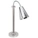 A stainless steel Eastern Tabletop countertop heat lamp with a cone-shaped metal shade and flex neck.