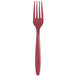 A close up of a Creative Converting burgundy plastic fork.