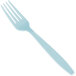 A close-up of a Creative Converting Pastel Blue plastic fork.