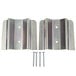 A pair of metal brackets with screws and nuts attached to a white metal plate with a black border.