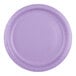 A close-up of a Creative Converting Luscious Lavender purple paper plate.