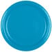 A close-up of a Creative Converting turquoise blue paper plate.