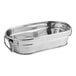 An oval stainless steel metal tub with a curved edge.