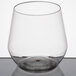 A clear plastic stemless wine goblet with a silver base.