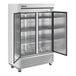 A large silver True reach-in freezer with two solid doors.