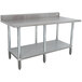 A stainless steel Advance Tabco work table with undershelf and backsplash.