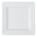 A white, square porcelain plate with a wide rim.
