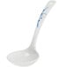 A white soup ladle with a blue bamboo design on the handle.