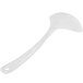 A white melamine soup ladle with a blue bamboo handle.