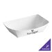 A white paper food tray with black text that says "Forge"