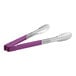 Two Vollrath stainless steel tongs with purple Kool-Touch handles.