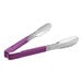 A pair of Vollrath tongs with purple scalloped tips and silver Kool-Touch handles.