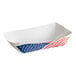 A white paper food tray with a blue and white American flag design.
