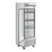 A stainless steel True reach-in freezer with a left-hinged door.