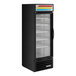 A black True refrigerated merchandiser with glass doors.