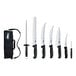 An 8-piece knife set with black handles, including various knives, a sharpening steel, and a carrying case.