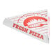 A white, triangular clamshell pizza slice box with red graphics and the words 'Fresh Pizza' printed on the side.