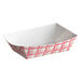A red and white plaid paper food tray.
