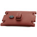 A brick red rectangular plastic lid with a black circle on it for a Cambro Camtainer.