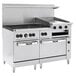 A Vulcan commercial range with griddle, broiler, and standard oven.