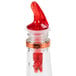 A Tablecraft measured liquor pourer with a clear bottle and a red spout.