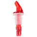 A close-up of a red and clear Tablecraft liquor pourer.