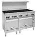 A Vulcan stainless steel gas range with black knobs.