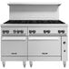 A Vulcan 60 inch wide commercial gas range with 10 burners and black knobs.