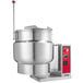 A Vulcan stainless steel electric steam kettle with a red and silver lid.