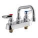 A chrome T&S deck-mounted workboard faucet with two handles and a 6" swing nozzle.