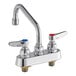 A T&S chrome deck-mounted faucet with two levers and a 6" swing nozzle.