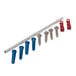 A long metal rod with red and blue plastic clips on the end and screws.