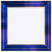 A white square plastic plate with a blue and gold square border.