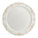 A white plastic plate with a gold border and gold trim.