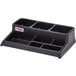 A black Cambro tray with three compartments for holding airpots.