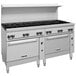 A large stainless steel Vulcan commercial gas range with black knobs over two ovens.