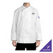 A person wearing a white Chef Revival long sleeve chef coat with black and white accents.