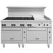 A large stainless steel Vulcan commercial range with a griddle and 2 ovens.