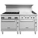 A large stainless steel Vulcan commercial gas range with black knobs.