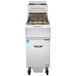 A Vulcan natural gas floor fryer with solid state analog controls and KleenScreen filtration system.