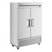 A stainless steel True reach-in freezer with two solid doors.