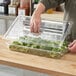 A person putting a Cambro clear polycarbonate lid on a container of broccoli.