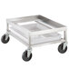 A Channel stainless steel poultry crate dolly with black wheels.